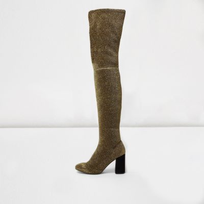 Gold glitter over-the-knee stretch boots